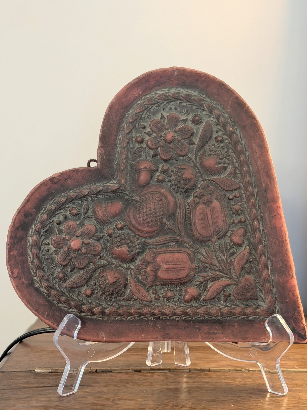 German Wax Wall Plaque Relief Folk Art Floral Heart Decor 9" Vintage